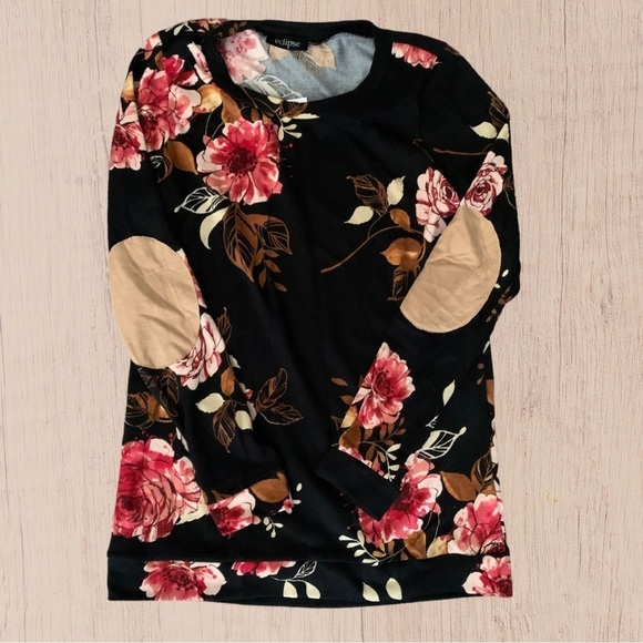 Womens Oversized suede arm patch long sleeve shirt floral XSMALL - Picture 3 of 6